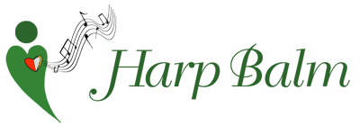 Harp Balm with image of a green curved figure with a harp-shaped heart and floating musical notes.