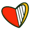 Left half of heart shape is red, right half of heart has strings and border forming a harp.