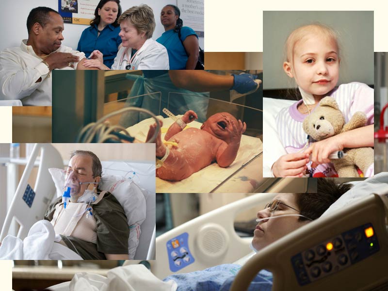 Collage of patients in hospitals including adults, a bald little girl with cancer, an infant on IV.